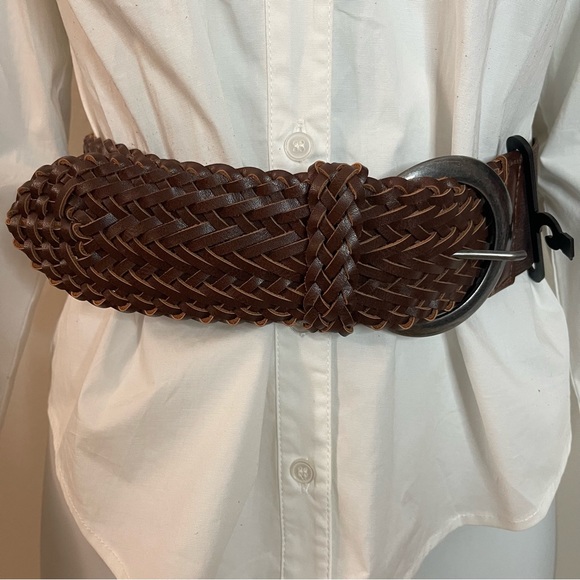 Deep brown PU leather braided elastic waistband belt - Picture 1 of 9